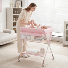 Diaper Changing Station with 3 Position Adjustable Level and 4 Universal Wheels-Pink