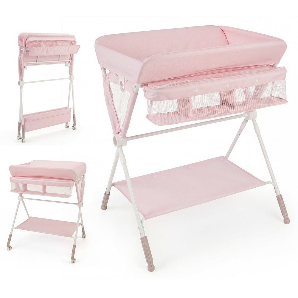 Diaper Changing Station with 3 Position Adjustable Level and 4 Universal Wheels-Pink