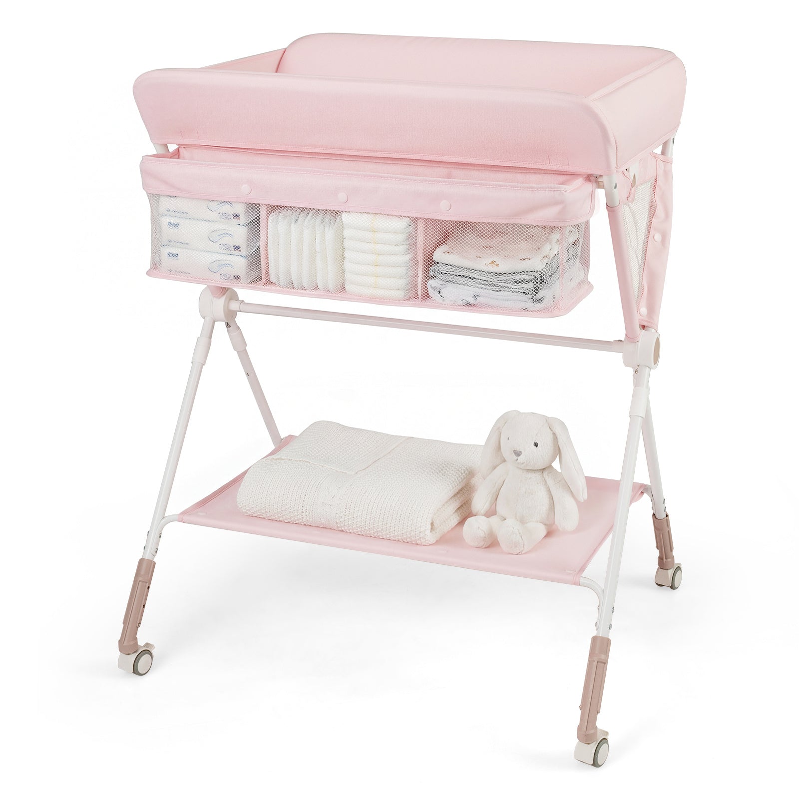 Diaper Changing Station with 3 Position Adjustable Level and 4 Universal Wheels-Pink