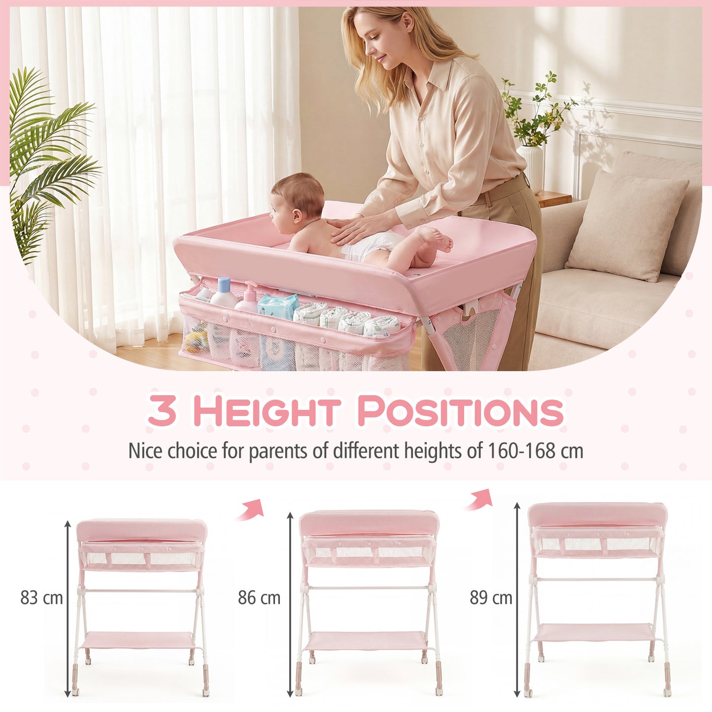 Diaper Changing Station with 3 Position Adjustable Level and 4 Universal Wheels-Pink