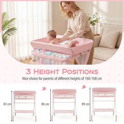 Diaper Changing Station with 3 Position Adjustable Level and 4 Universal Wheels-Pink