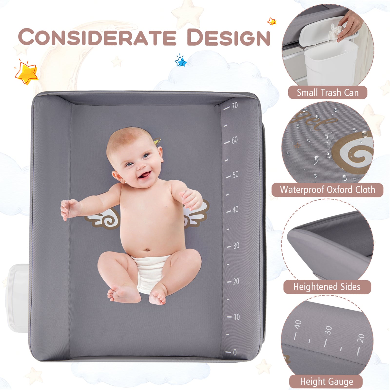 Diaper Changing Station with 3 Position Adjustable Level and 4 Universal Wheels-Grey