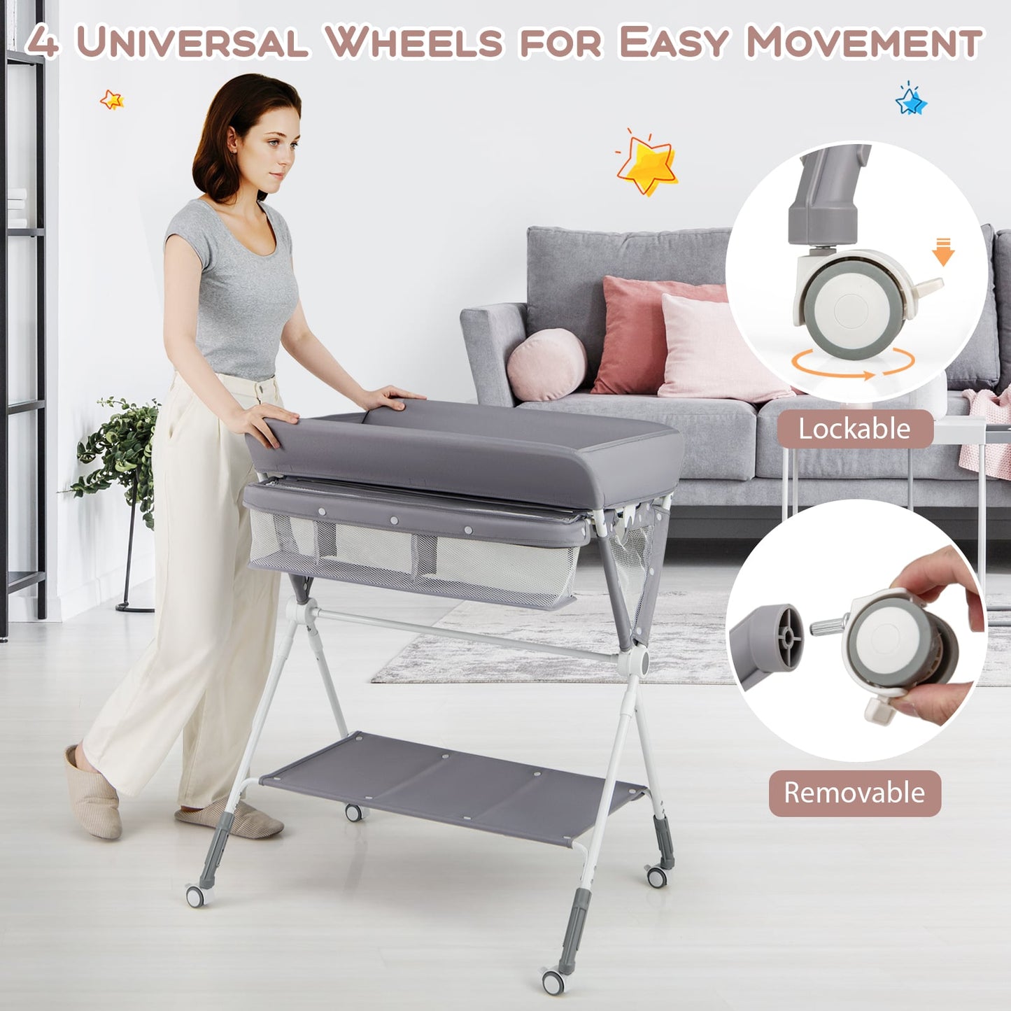 Diaper Changing Station with 3 Position Adjustable Level and 4 Universal Wheels-Grey