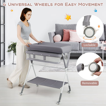 Diaper Changing Station with 3 Position Adjustable Level and 4 Universal Wheels-Grey