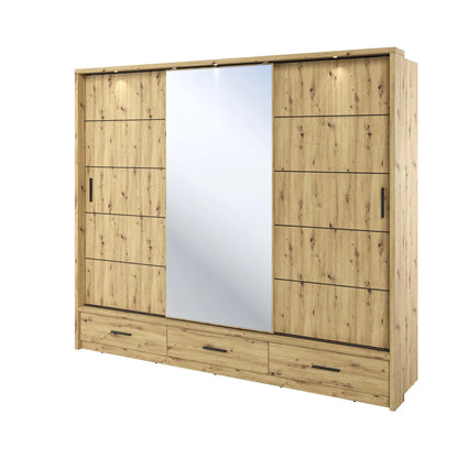 Wooden wardrobe with sliding mirror door on a white background