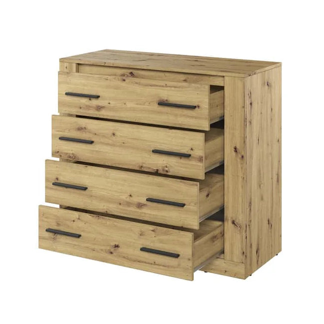 Wooden dresser with four drawers on a white background