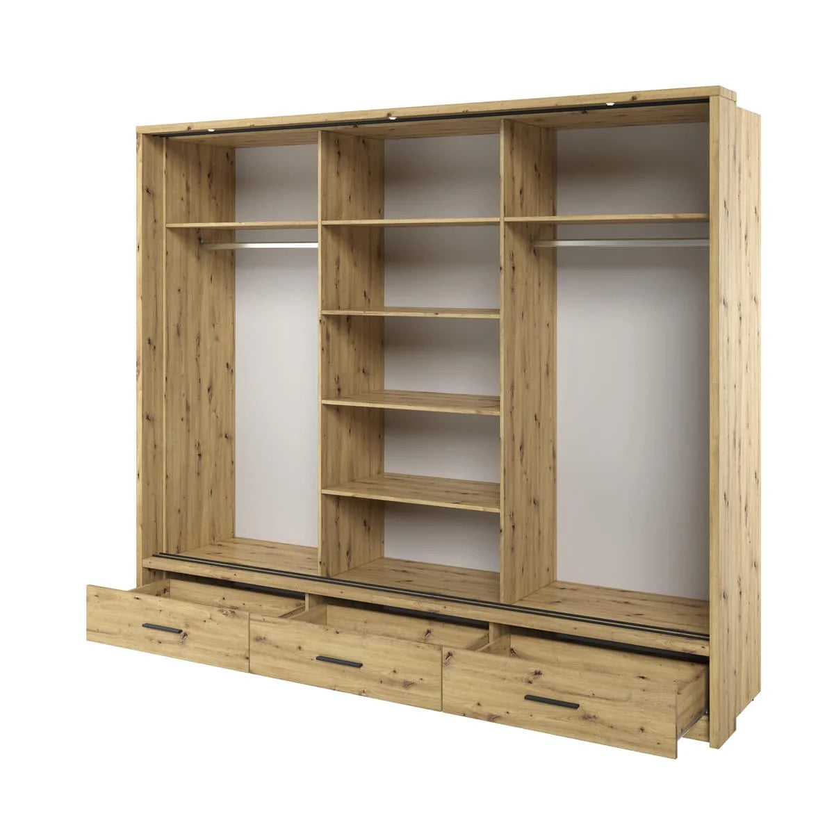 Wooden wardrobe with shelves and drawers on a white background