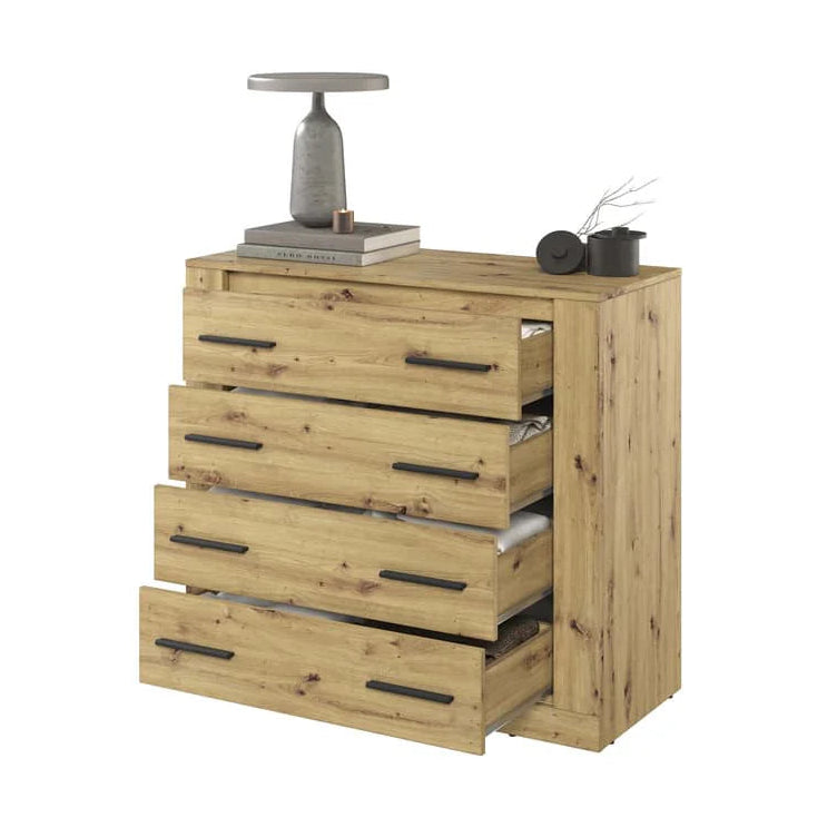 Wooden dresser with four drawers on a white background