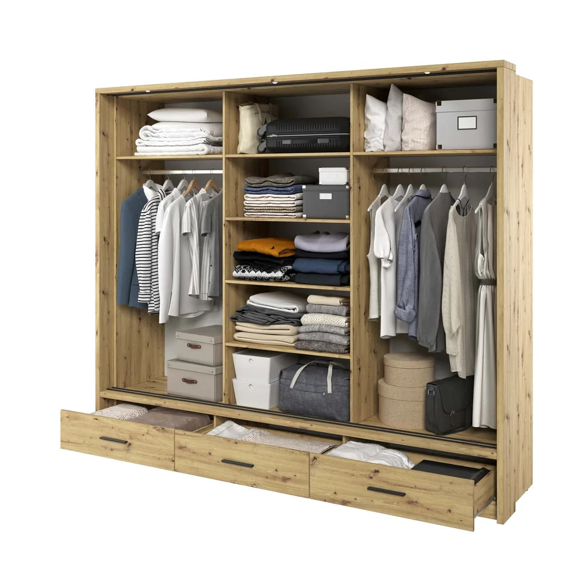 Wooden wardrobe with clothes and shelves on a white background