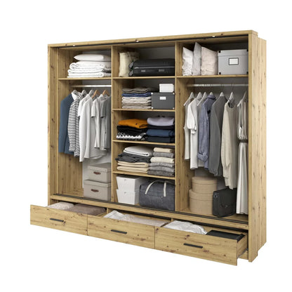Wooden wardrobe with clothes and shelves on a white background