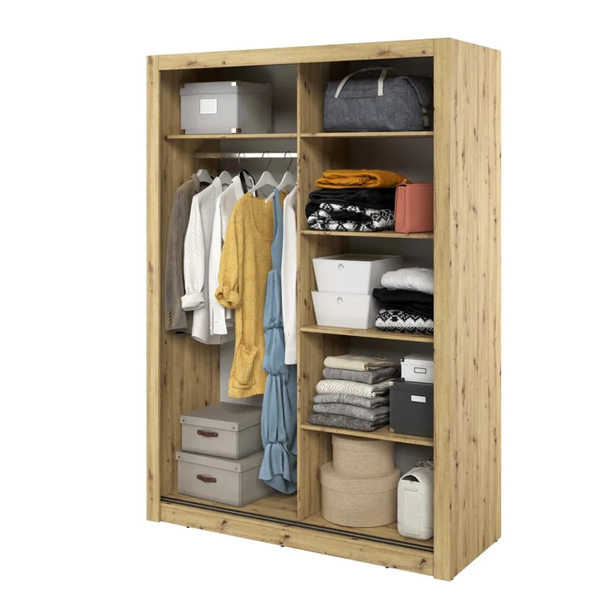 Wooden wardrobe with clothes and storage bins on a white background
