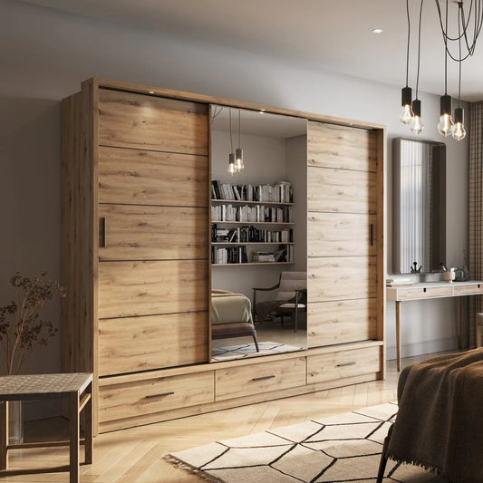 Wooden wardrobe with sliding doors in a modern bedroom setting