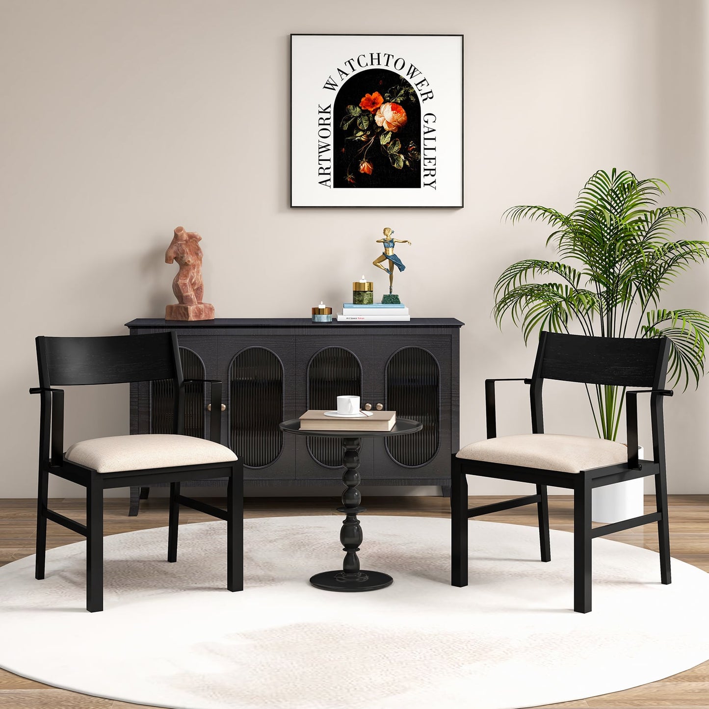 Dining Chair with Arms Set of 2 with Contoured Backrest and Padded Seat and Rubber Wood Legs- Black & Cream