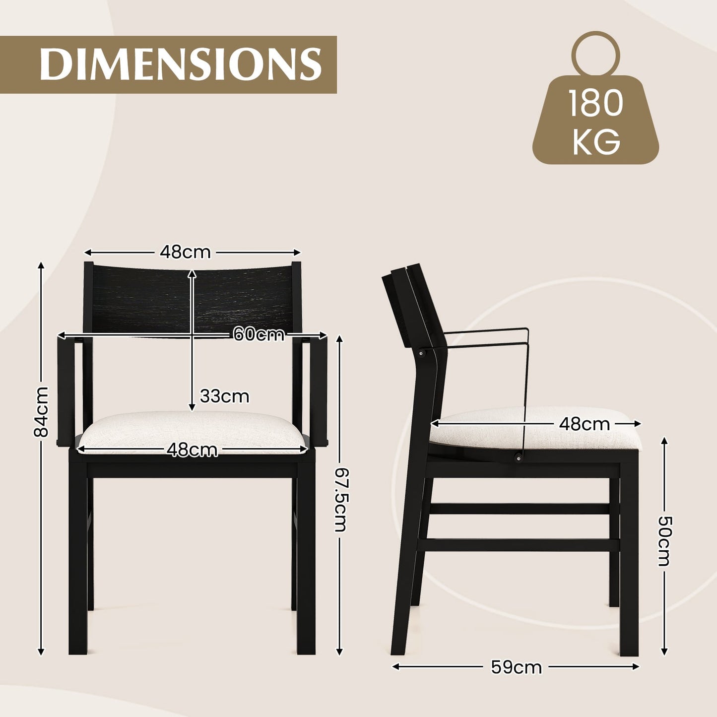 Dining Chair with Arms Set of 2 with Contoured Backrest and Padded Seat and Rubber Wood Legs-White