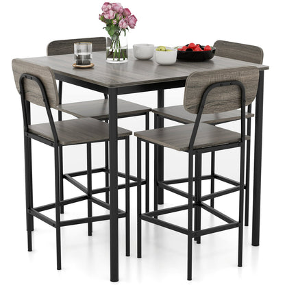 5-Piece Dining Bar Table Set for 4 Counter-Height Dining Table and 4 Bar Chairs-Grey