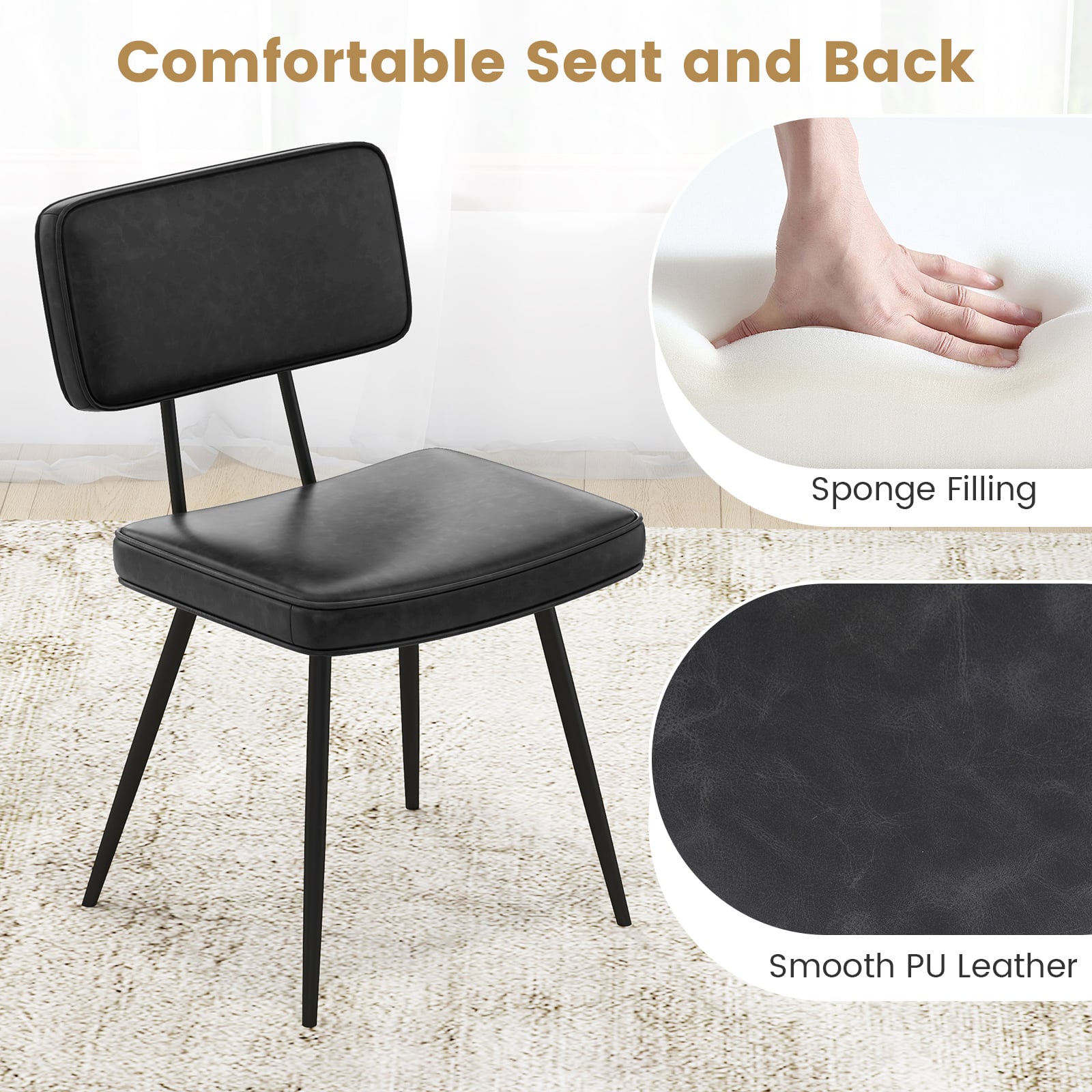 Kitchen Faux Leather Upholstered Dining Chair Set of 2-Black