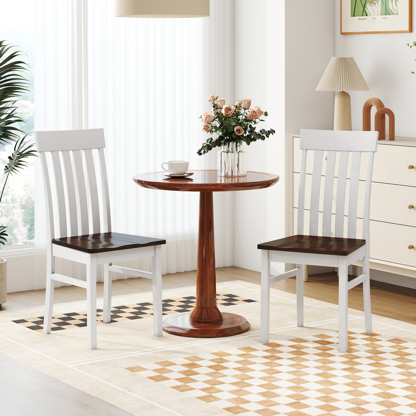 Dining Chairs Set of 2 with Hollowed Backrests and Rubber Wood Seats-Walnut &amp; White