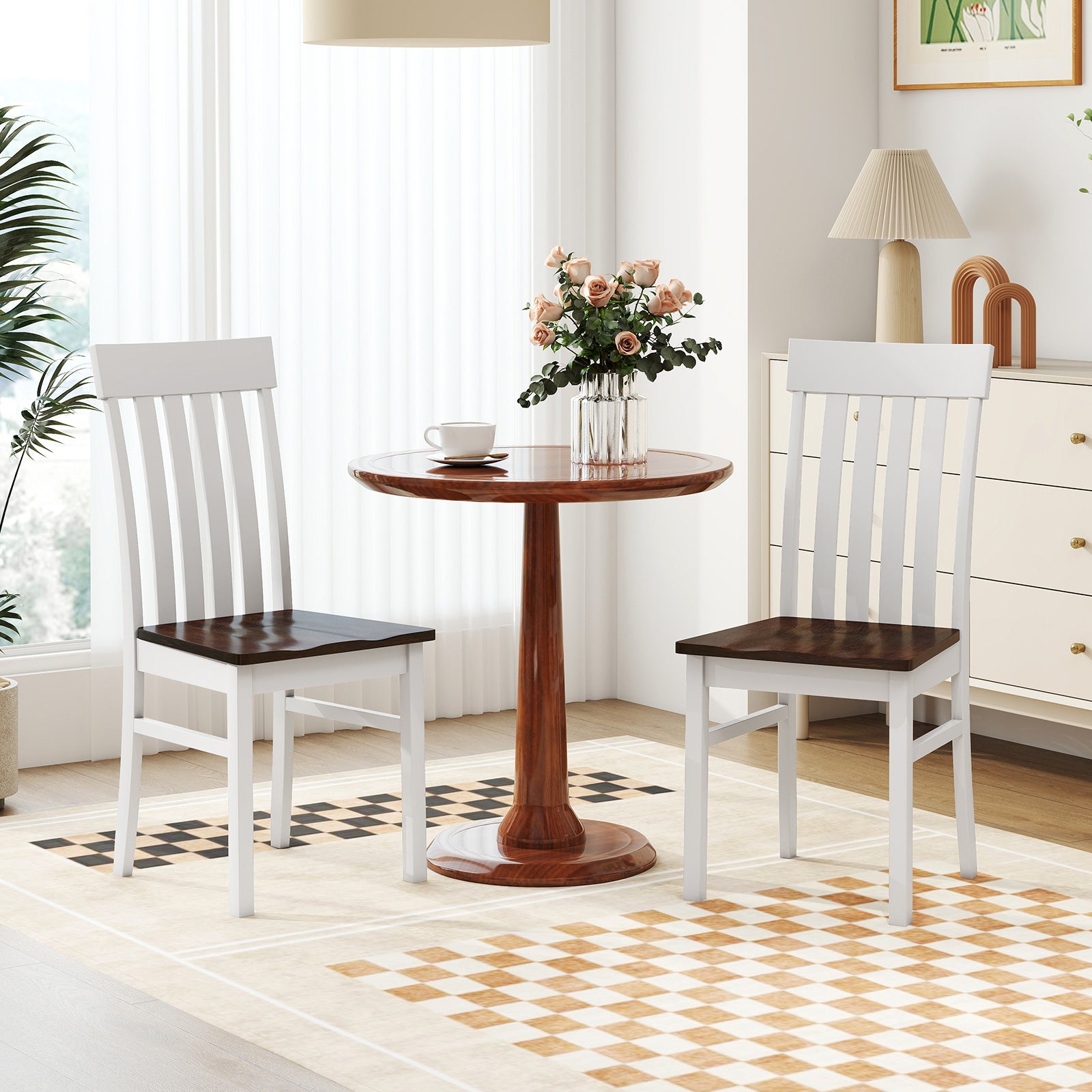 Dining Chairs Set of 2 with Hollowed Backrests and Rubber Wood Seats-Walnut &amp; White