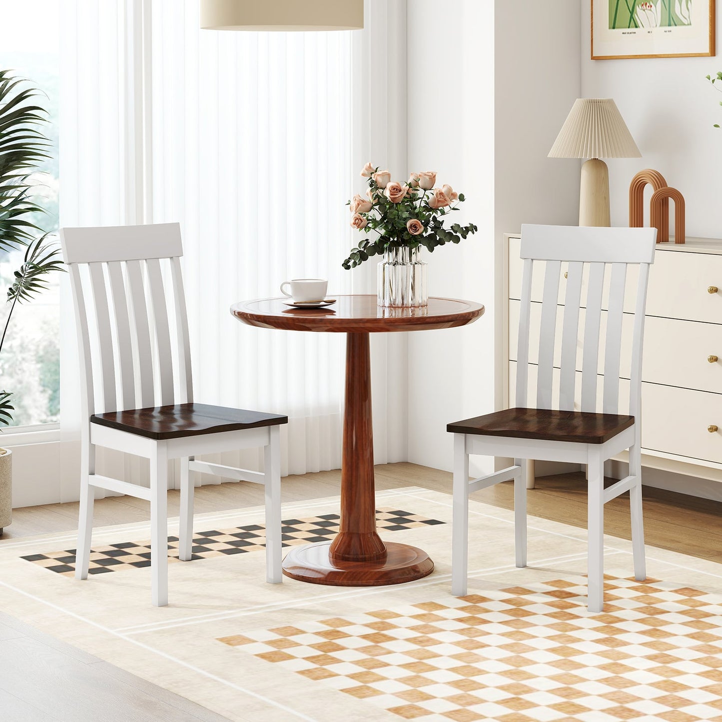 Dining Chairs Set of 2 with Hollowed Backrests and Rubber Wood Seats-Walnut &amp; White