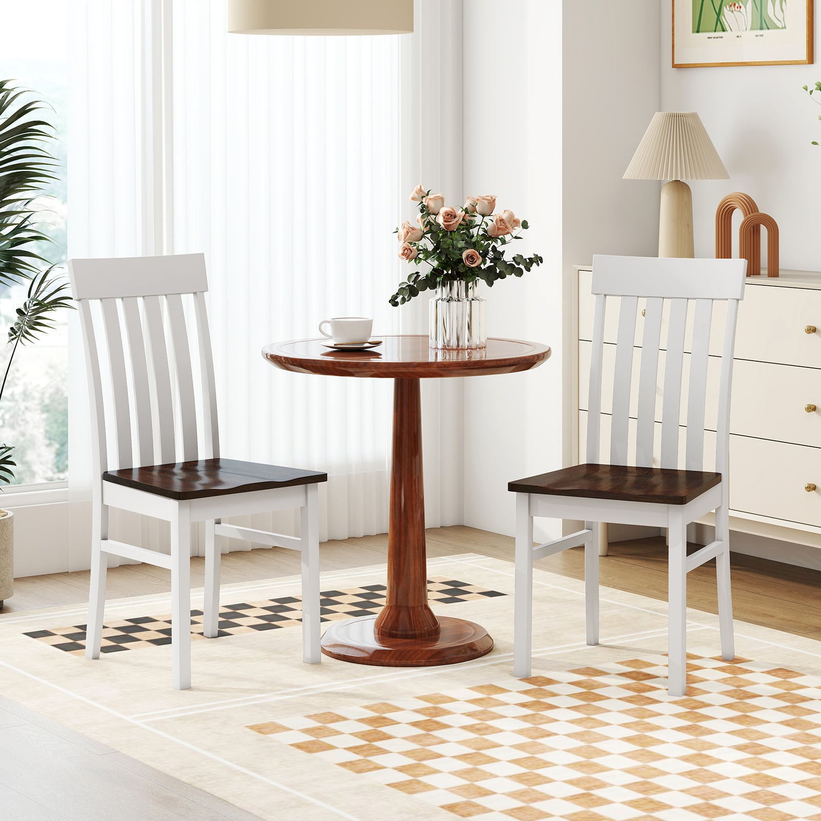 Dining Chairs Set of 2 with Hollowed Backrests and Rubber Wood Seats-Walnut &amp; White