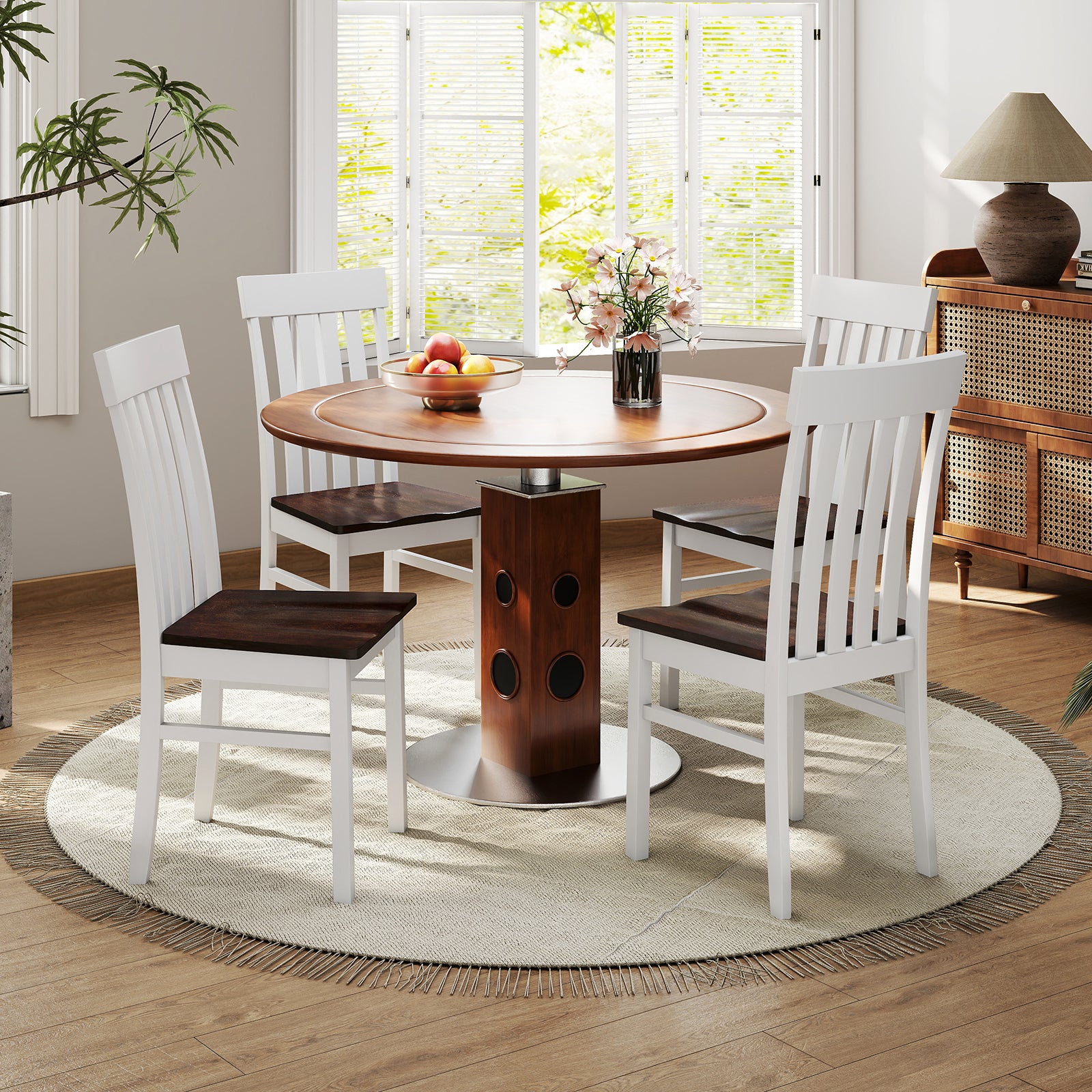 Dining Chairs Set of 2 with Hollowed Backrests and Rubber Wood Seats-Walnut &amp; White