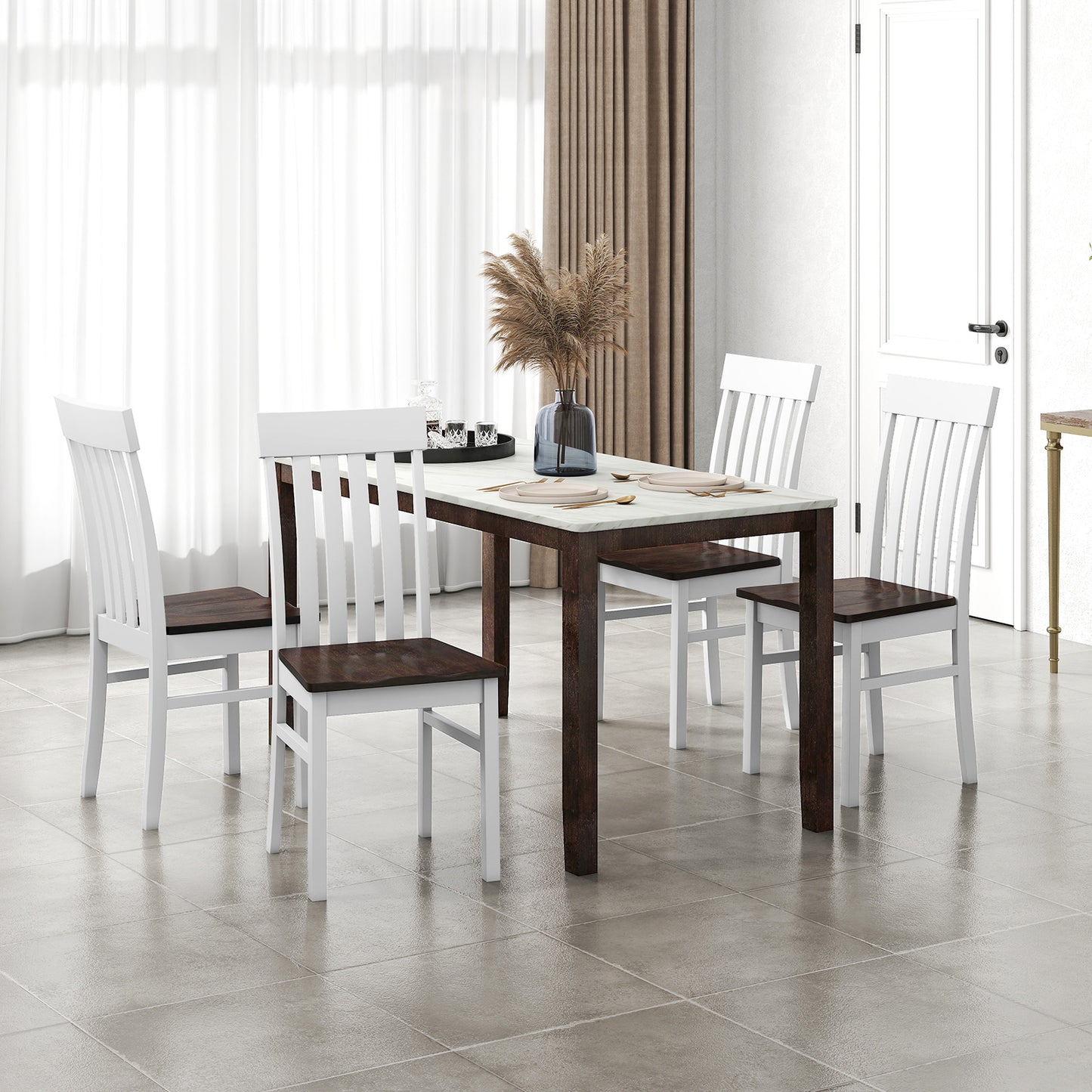 Dining Chairs Set of 2 with Hollowed Backrests and Rubber Wood Seats-Walnut &amp; White