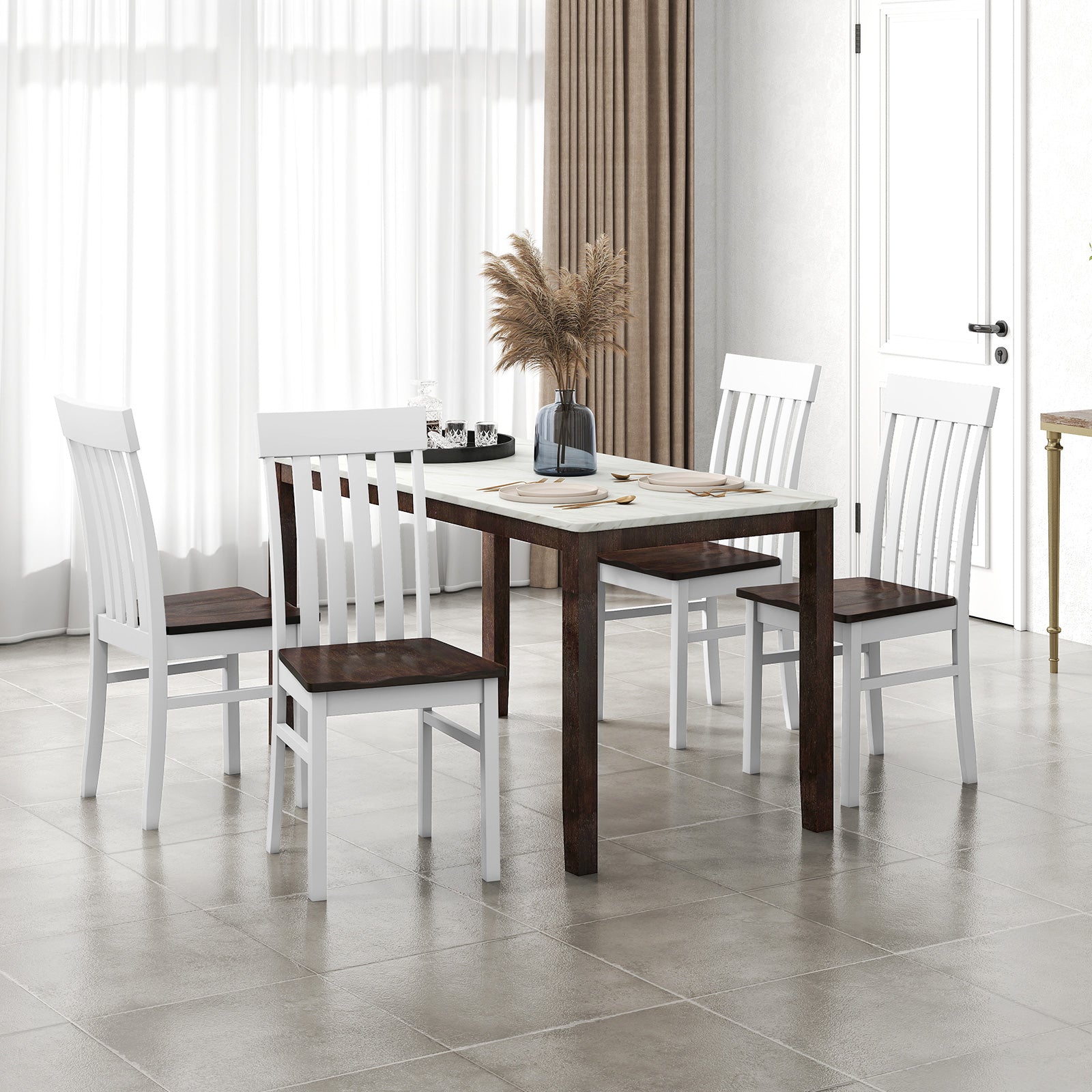 Dining Chairs Set of 2 with Hollowed Backrests and Rubber Wood Seats-Walnut &amp; White