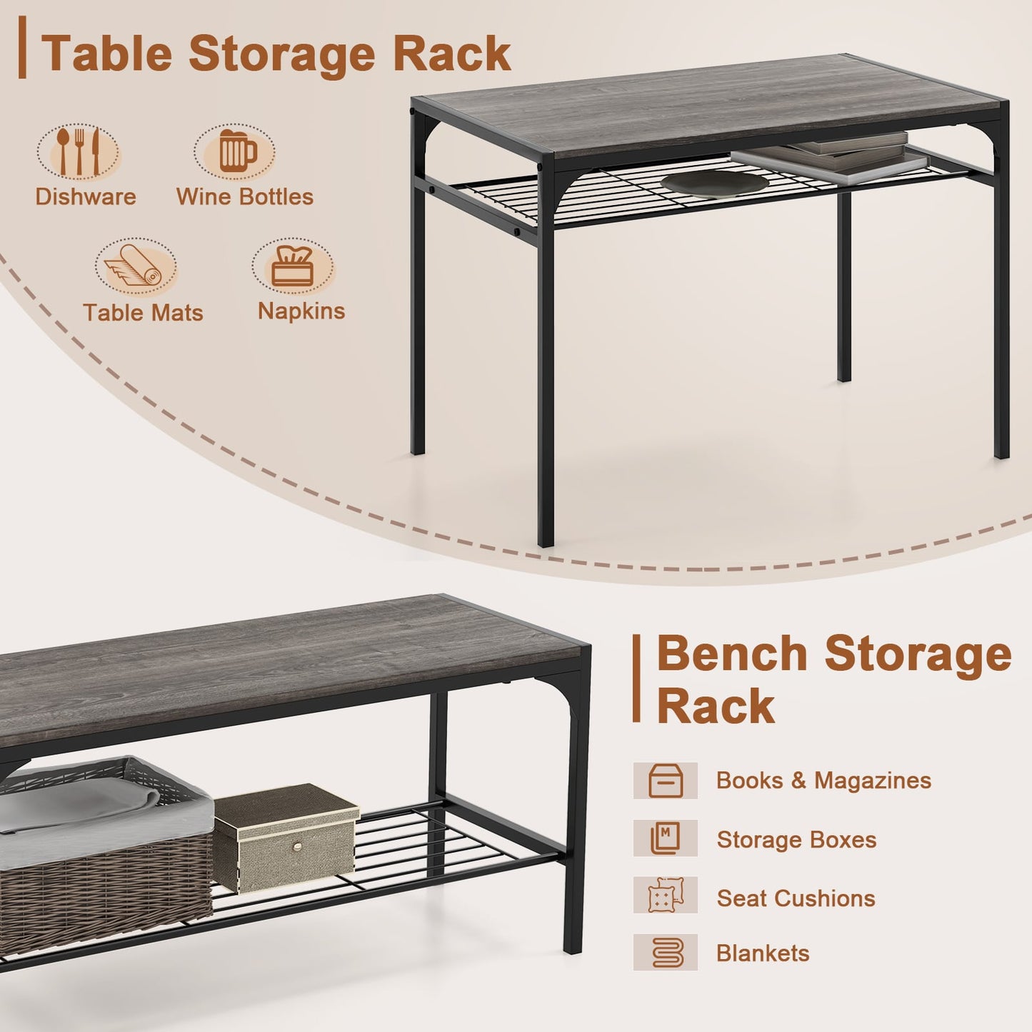 Dining Table Set for 4 with Storage Racks and Metal Frame-Grey