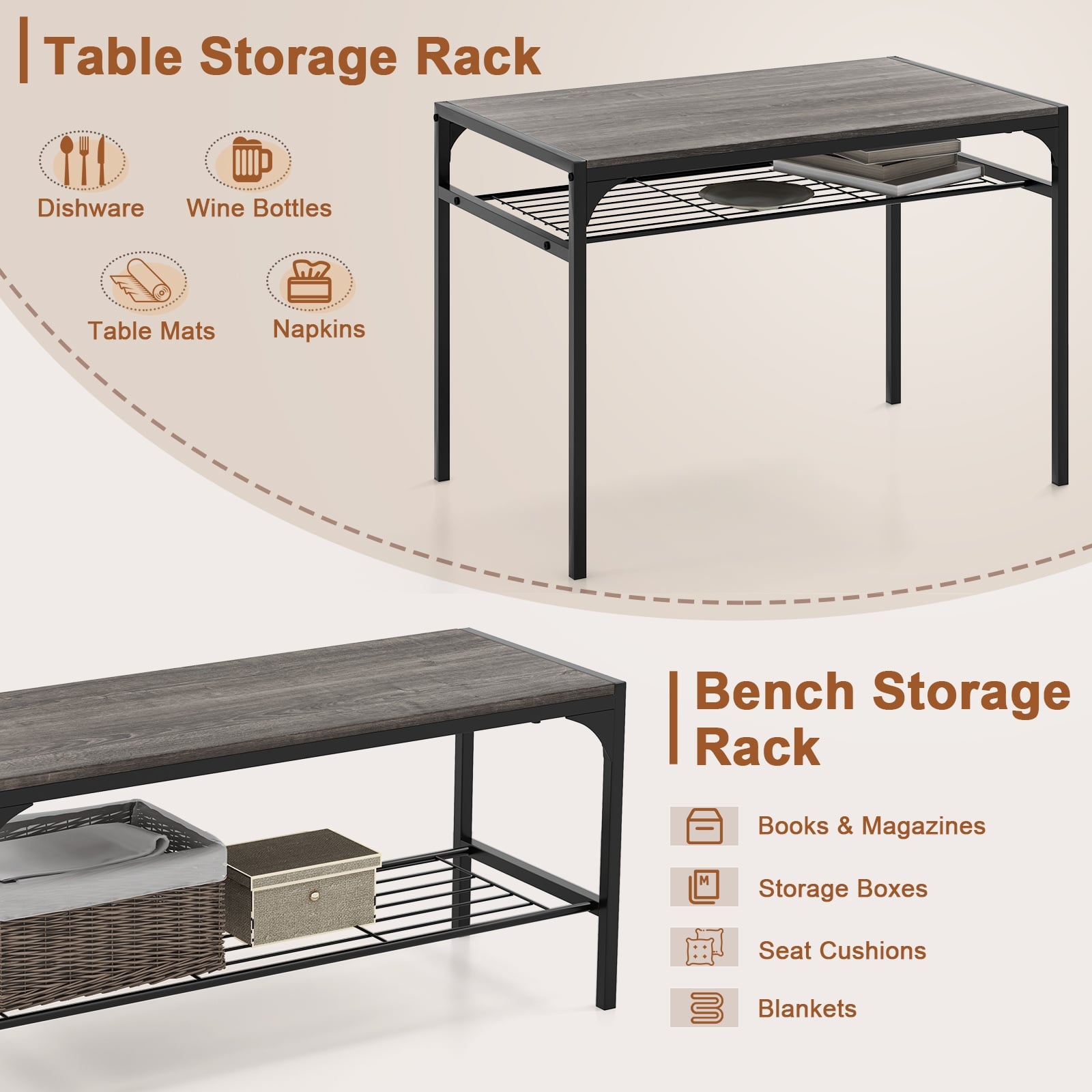 Dining Table Set for 4 with Storage Racks and Metal Frame-Grey