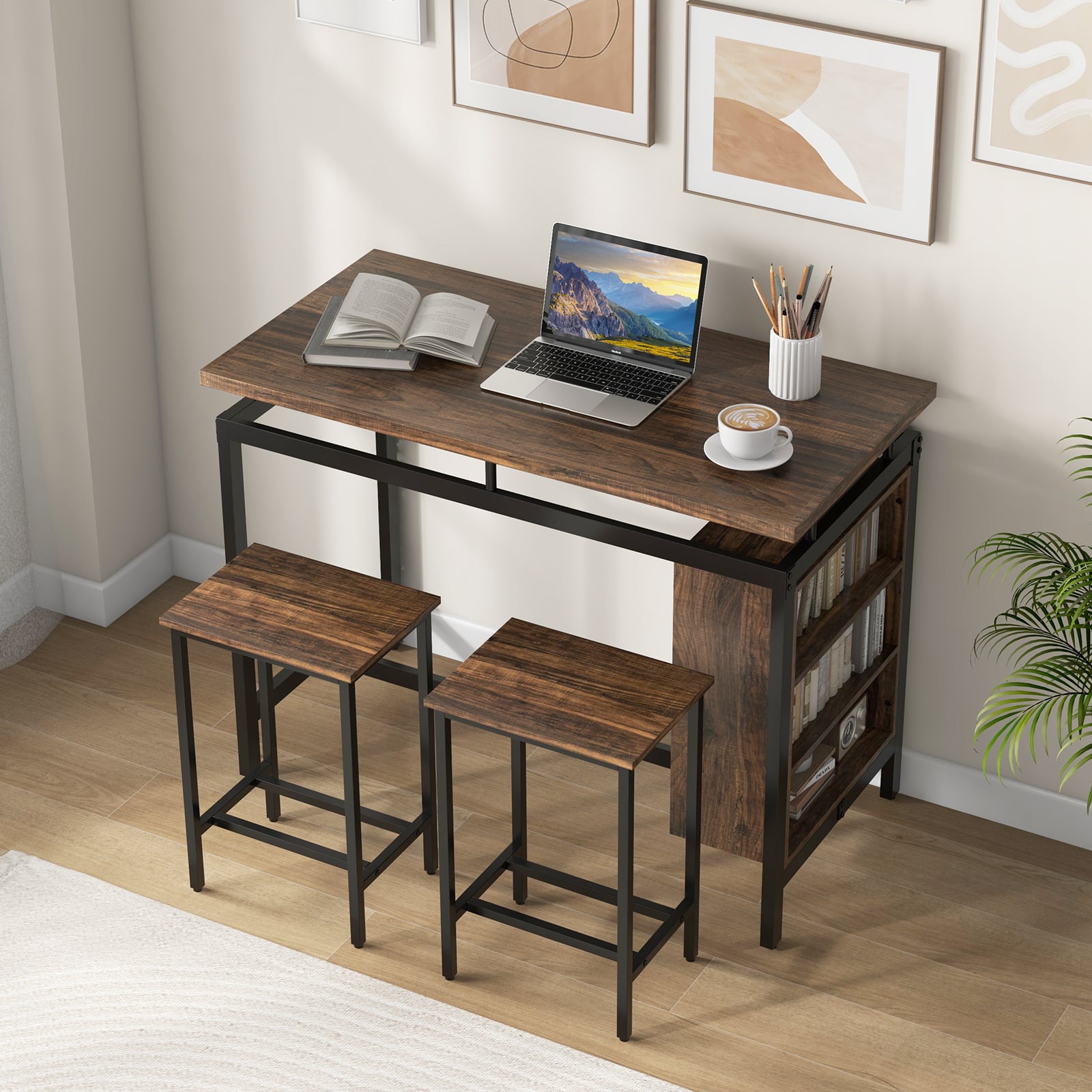 3-Piece Dining Table Set with 3-Tier Storage Shelf and Metal Frame-Coffee