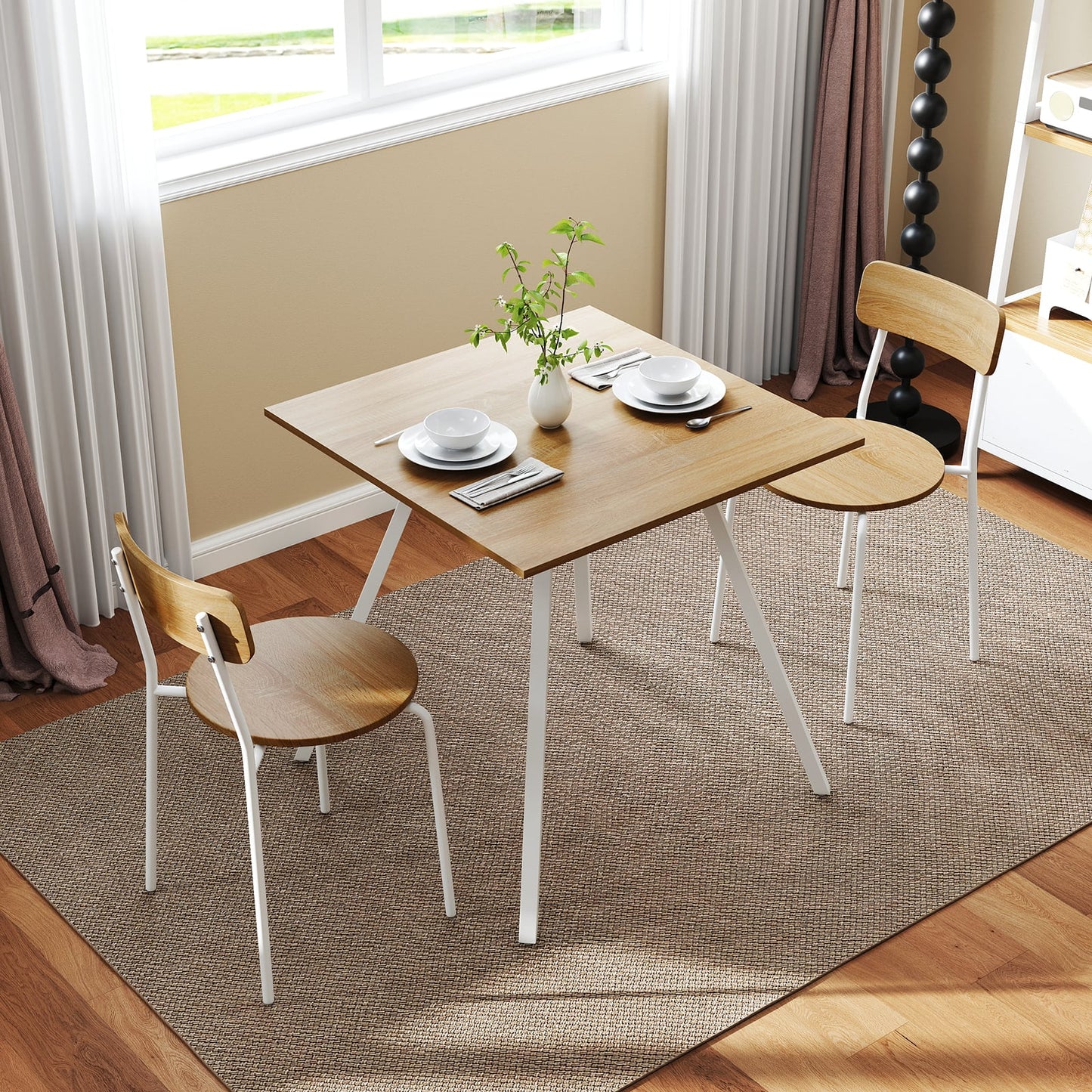 3-Piece Kitchen Dining Room Furniture with Metal Frame and Adjustable Foot Pads-Natural