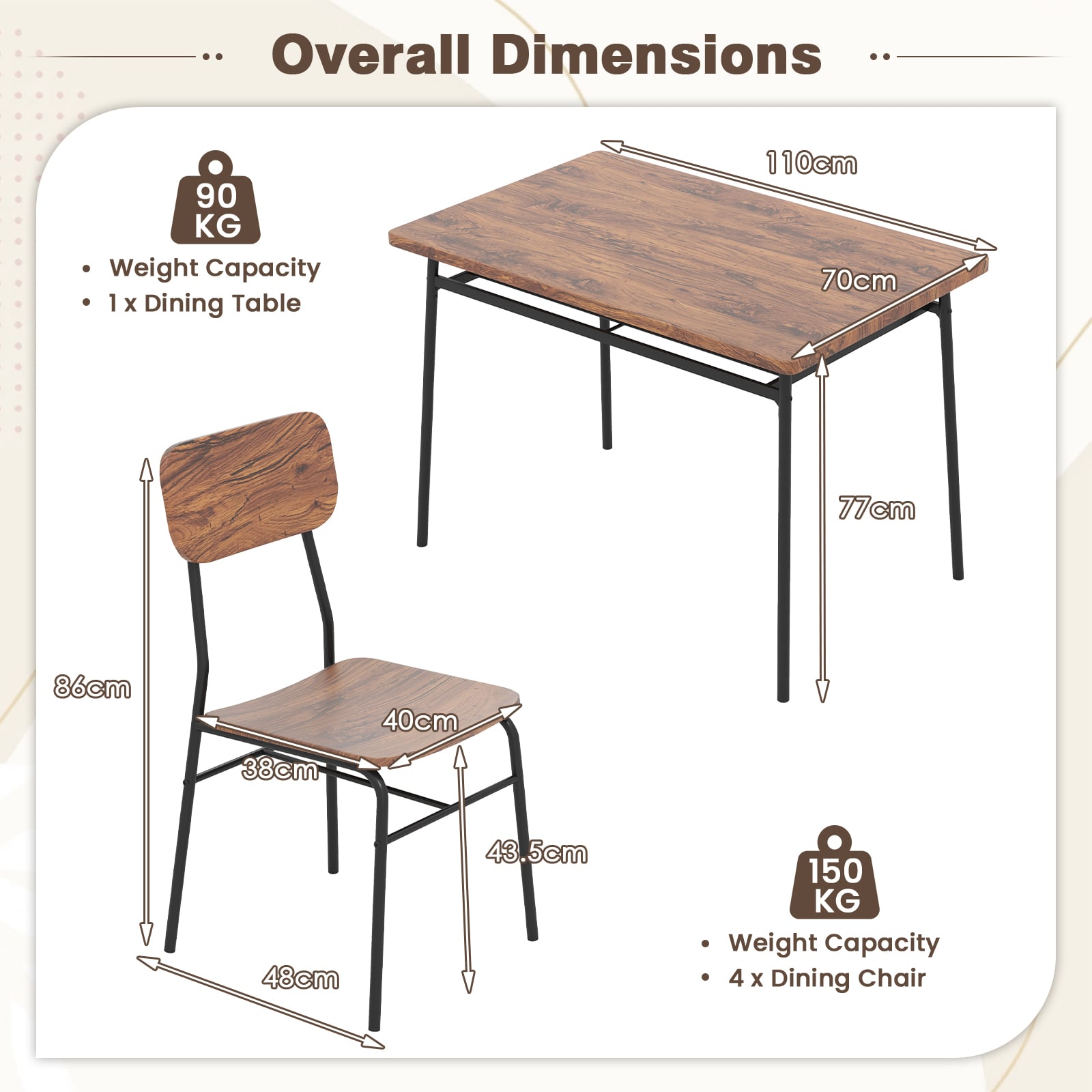 Dining Table Set for 2/4 with Metal Frame and Storage Rack-Coffee-Size 2
