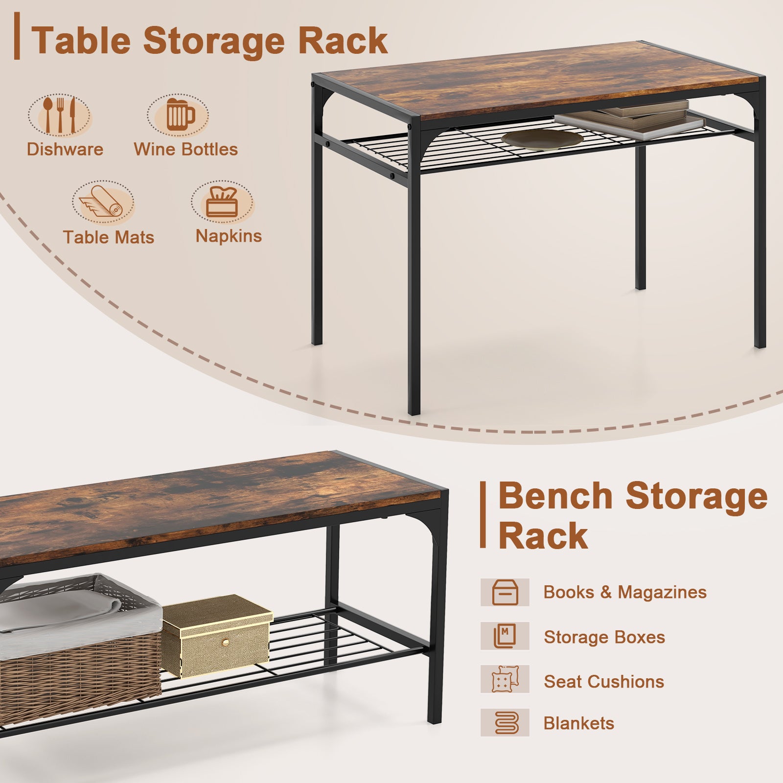 Dining Table Set for 4 with Storage Racks and Metal Frame-Rustic Brown