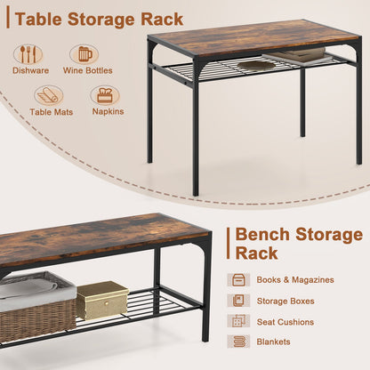 Dining Table Set for 4 with Storage Racks and Metal Frame-Rustic Brown