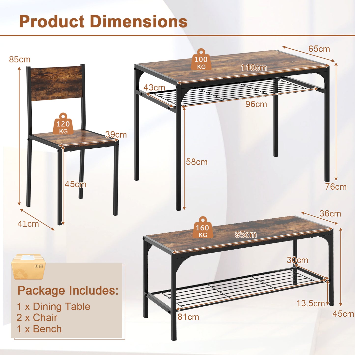 Dining Table Set for 4 with Storage Racks and Metal Frame-Rustic Brown