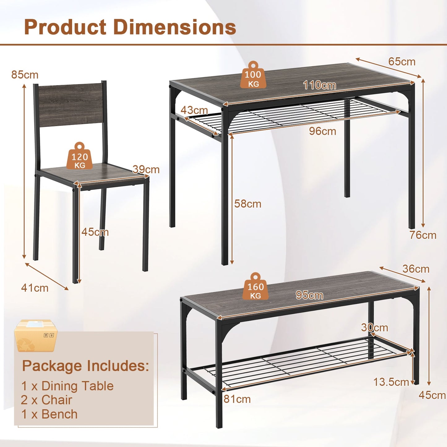 Dining Table Set for 4 with Storage Racks and Metal Frame-Grey