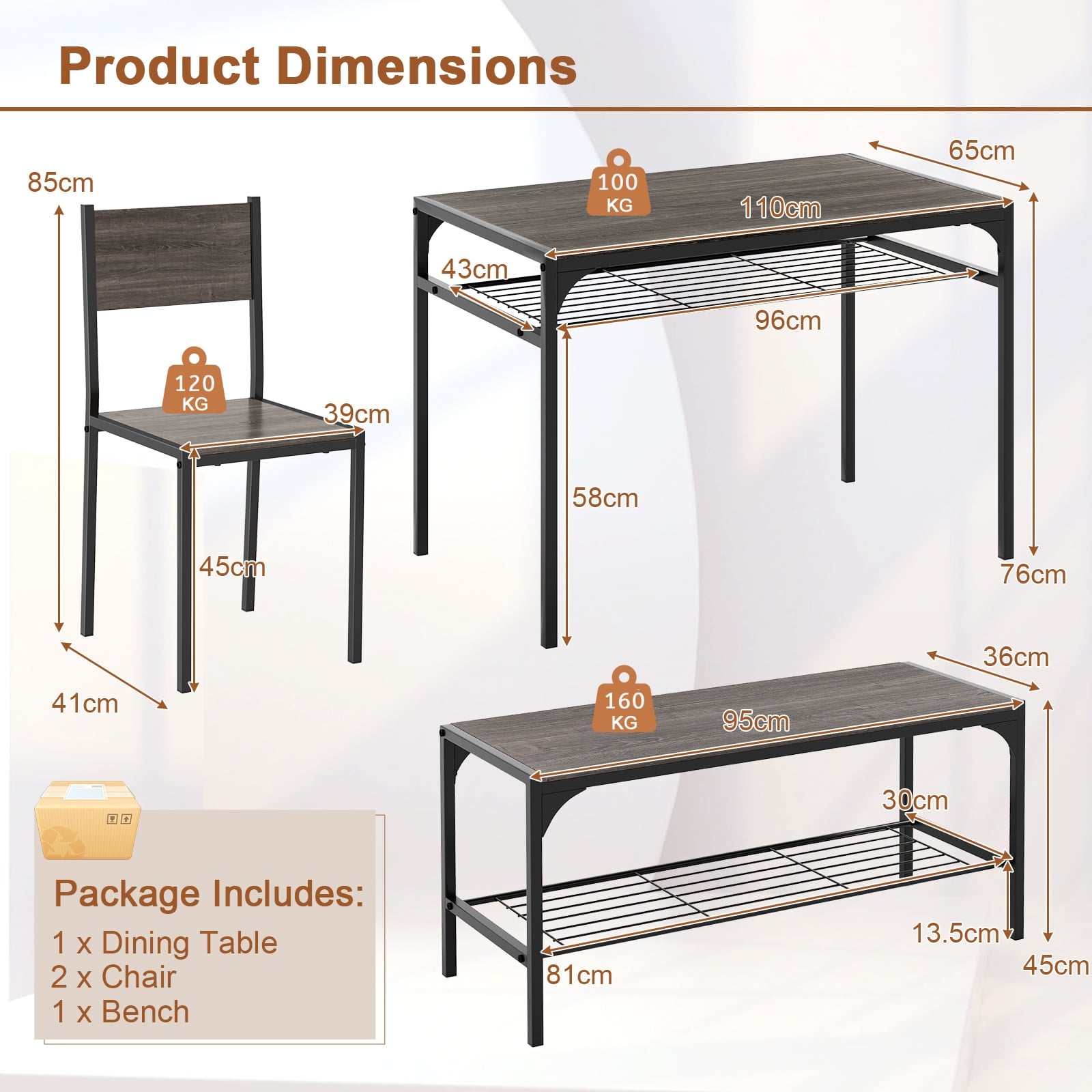 Dining Table Set for 4 with Storage Racks and Metal Frame-Grey
