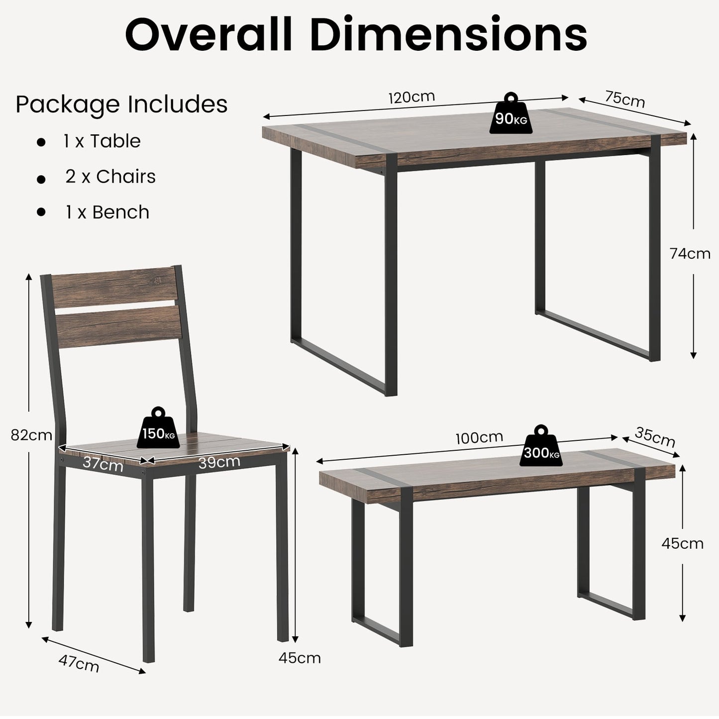 4-Piece Wooden Rectangular Dining Table Set with 1 Bench and 2 Armless Chairs for 4-Grey