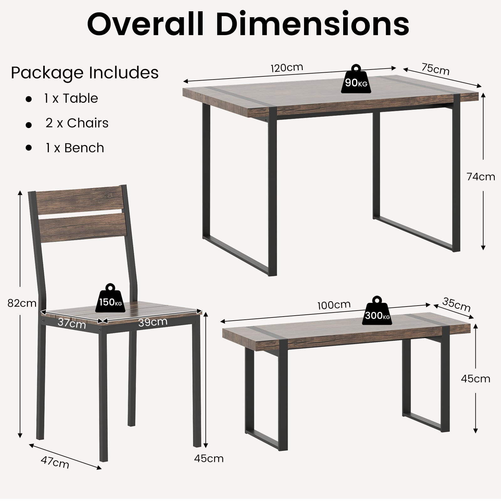 4-Piece Wooden Rectangular Dining Table Set with 1 Bench and 2 Armless Chairs for 4-Grey