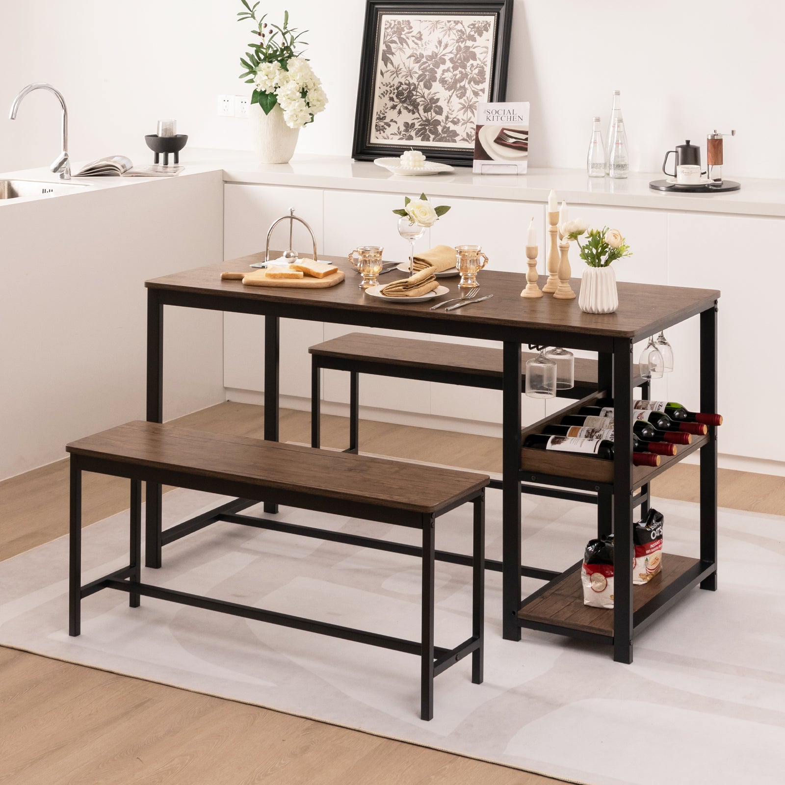 4-Person 3 Pieces Dining Table Set with 2 Benches and Wine Rack-Rustic Brown