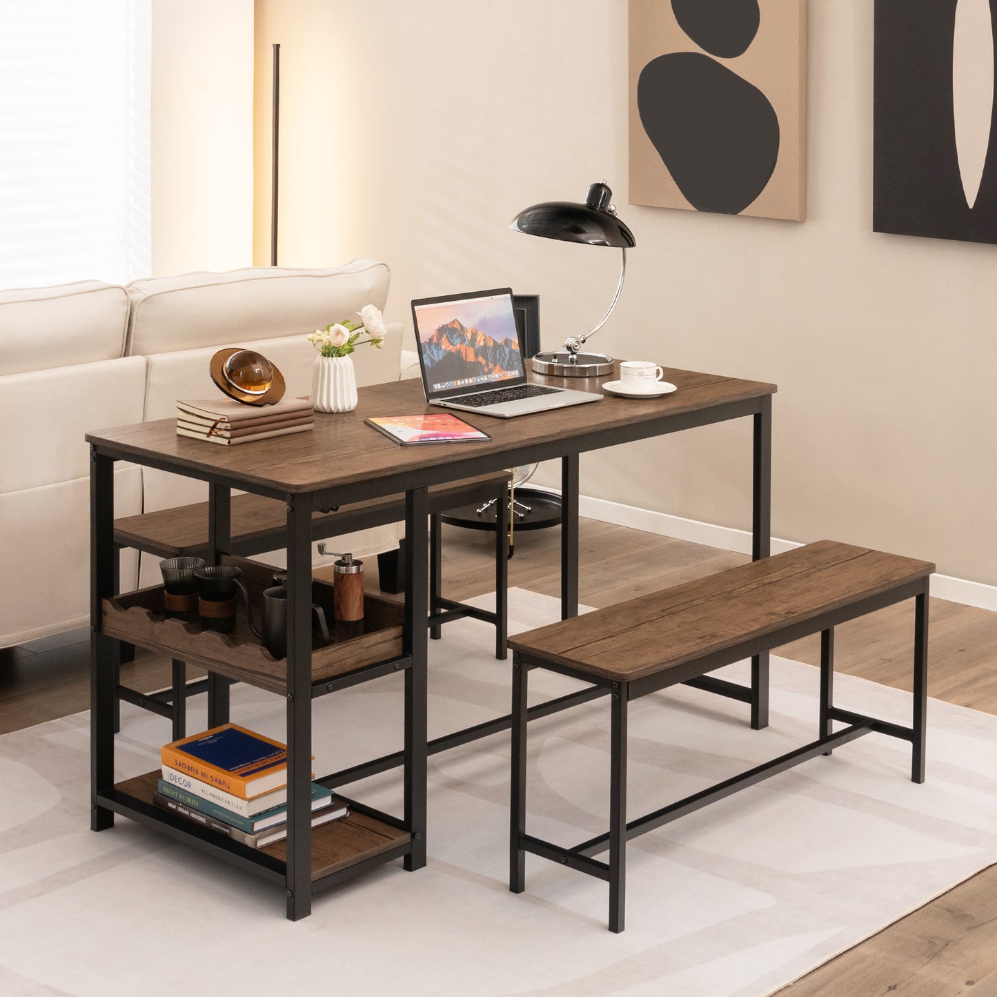 4-Person 3 Pieces Dining Table Set with 2 Benches and Wine Rack-Rustic Brown