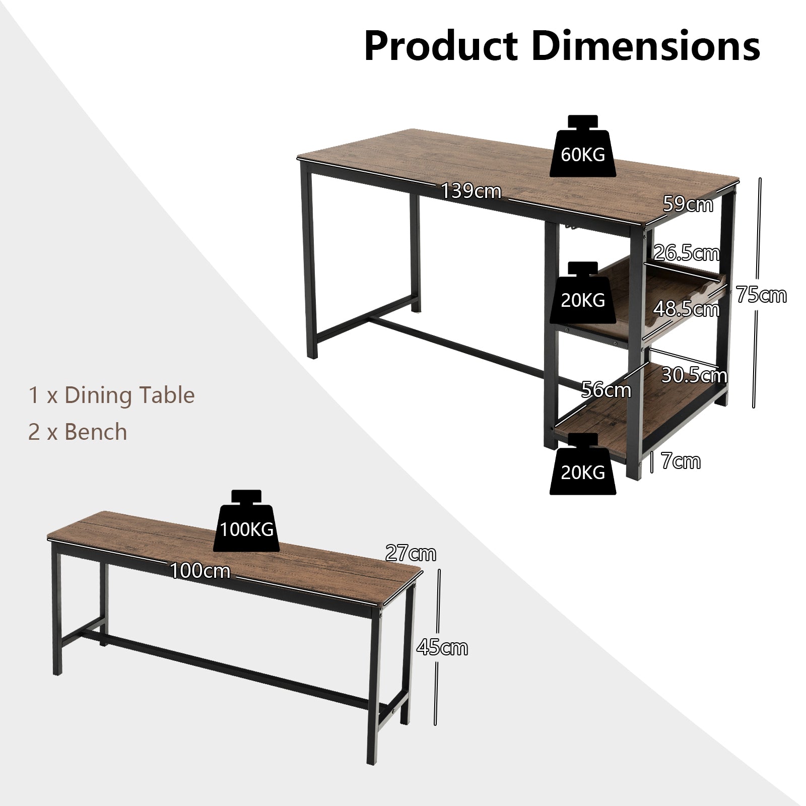 4-Person 3 Pieces Dining Table Set with 2 Benches and Wine Rack-Rustic Brown