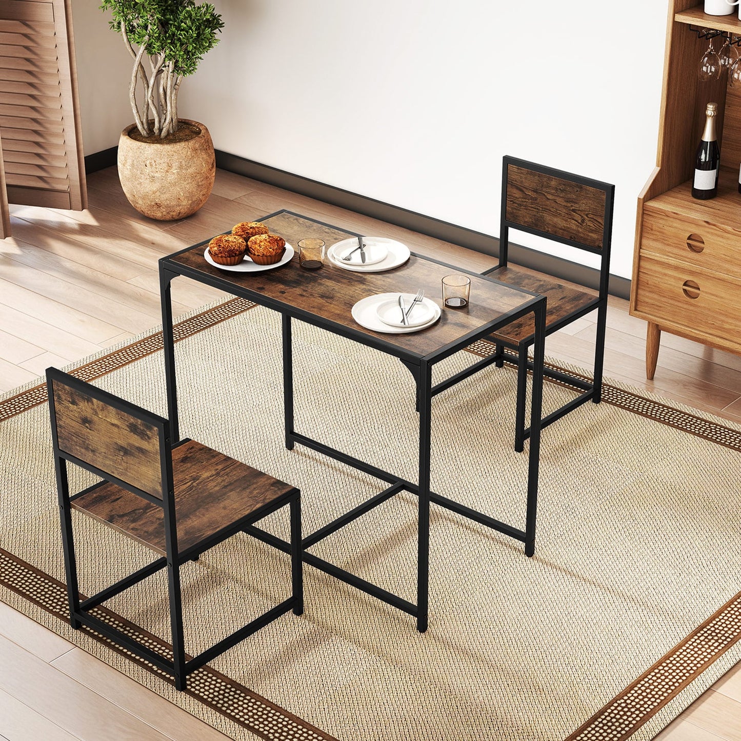 3 Piece Dining Table Set with Metal Frame and Low Back-Brown