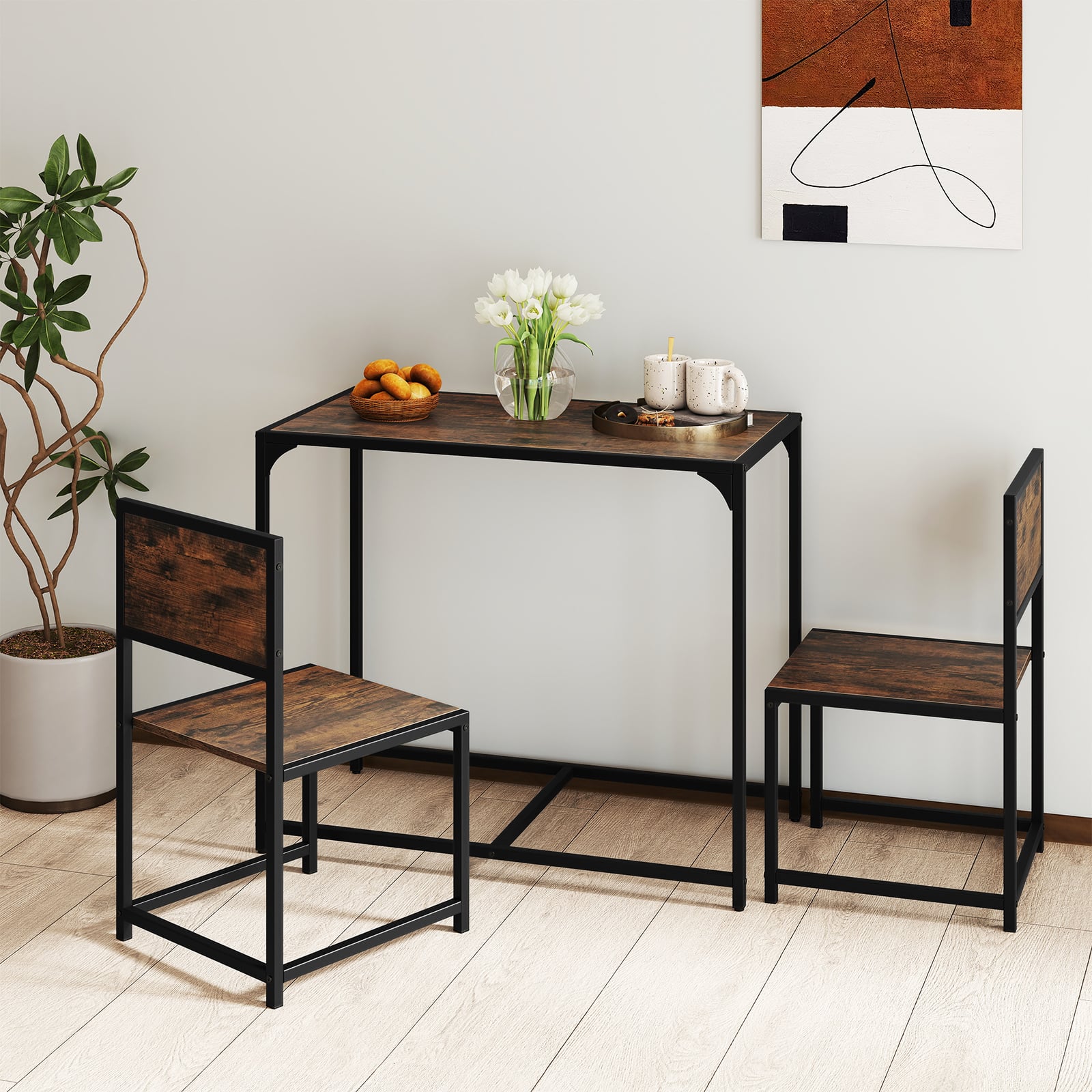 3 Piece Dining Table Set with Metal Frame and Low Back-Brown