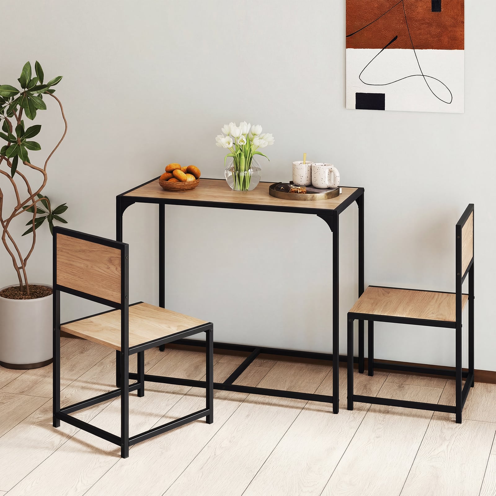 3 Piece Dining Table Set with Metal Frame and Low Back-Natural