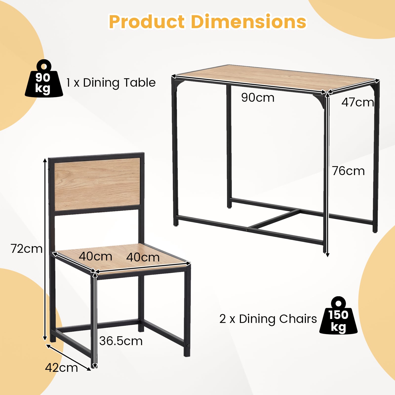 3 Piece Dining Table Set with Metal Frame and Low Back-Natural