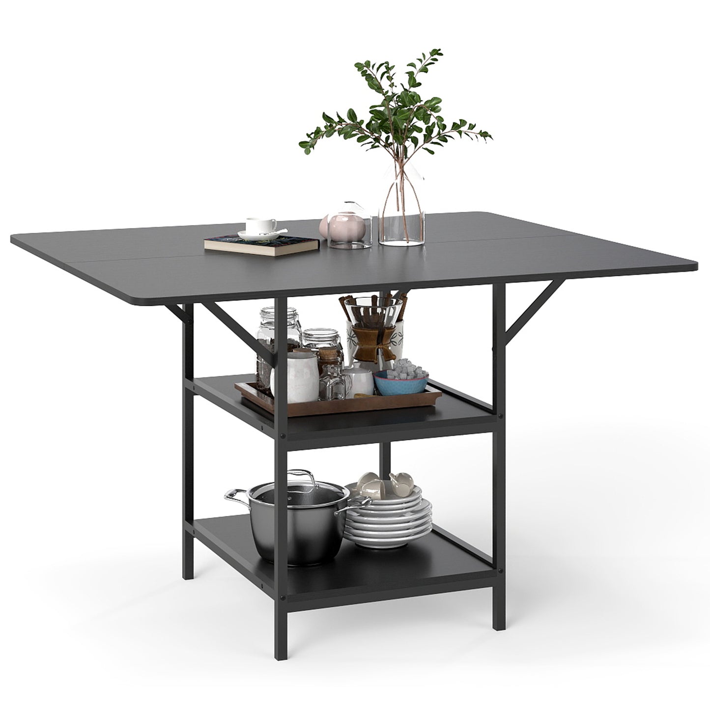 Dining Table for 4-6 Rectangular Dining Table with 2 Open Storage Shelves-Black