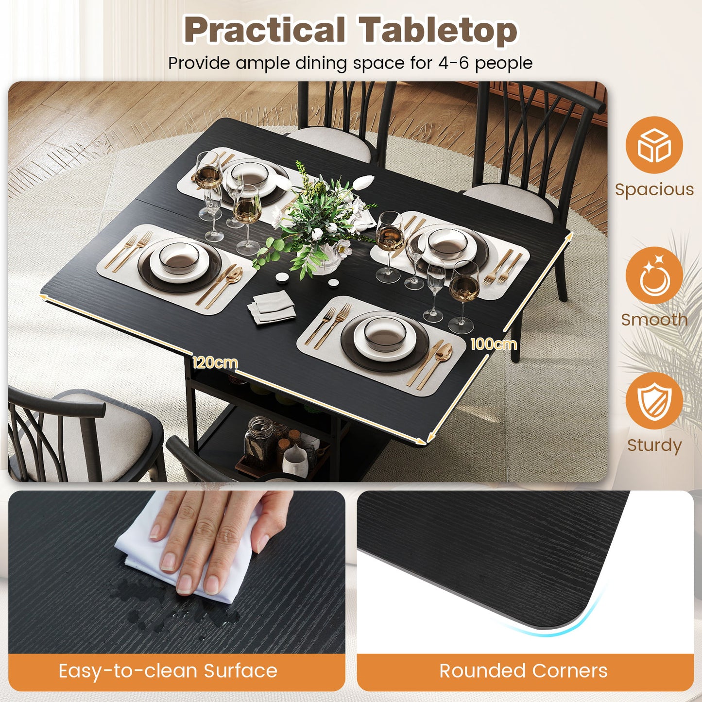 Dining Table for 4-6 Rectangular Dining Table with 2 Open Storage Shelves-Black