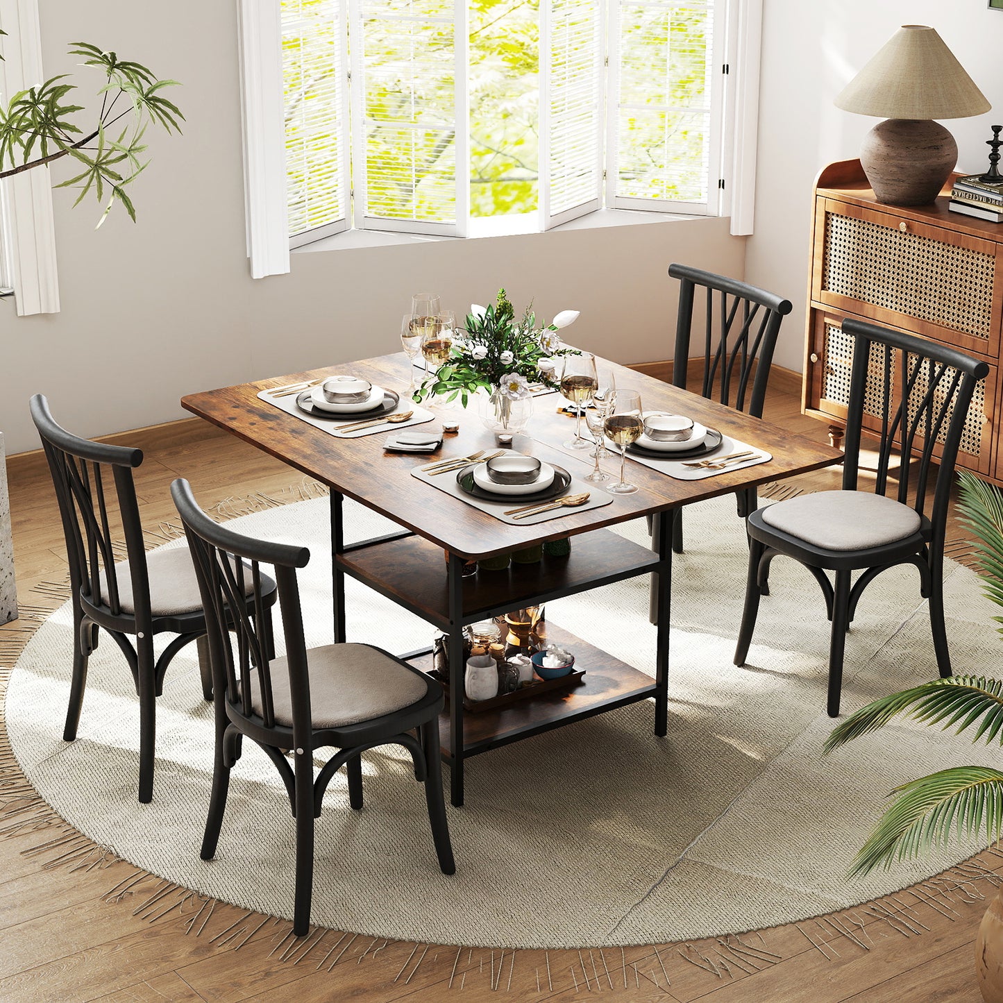 Dining Table for 4-6 Rectangular Dining Table with 2 Open Storage Shelves-Brown