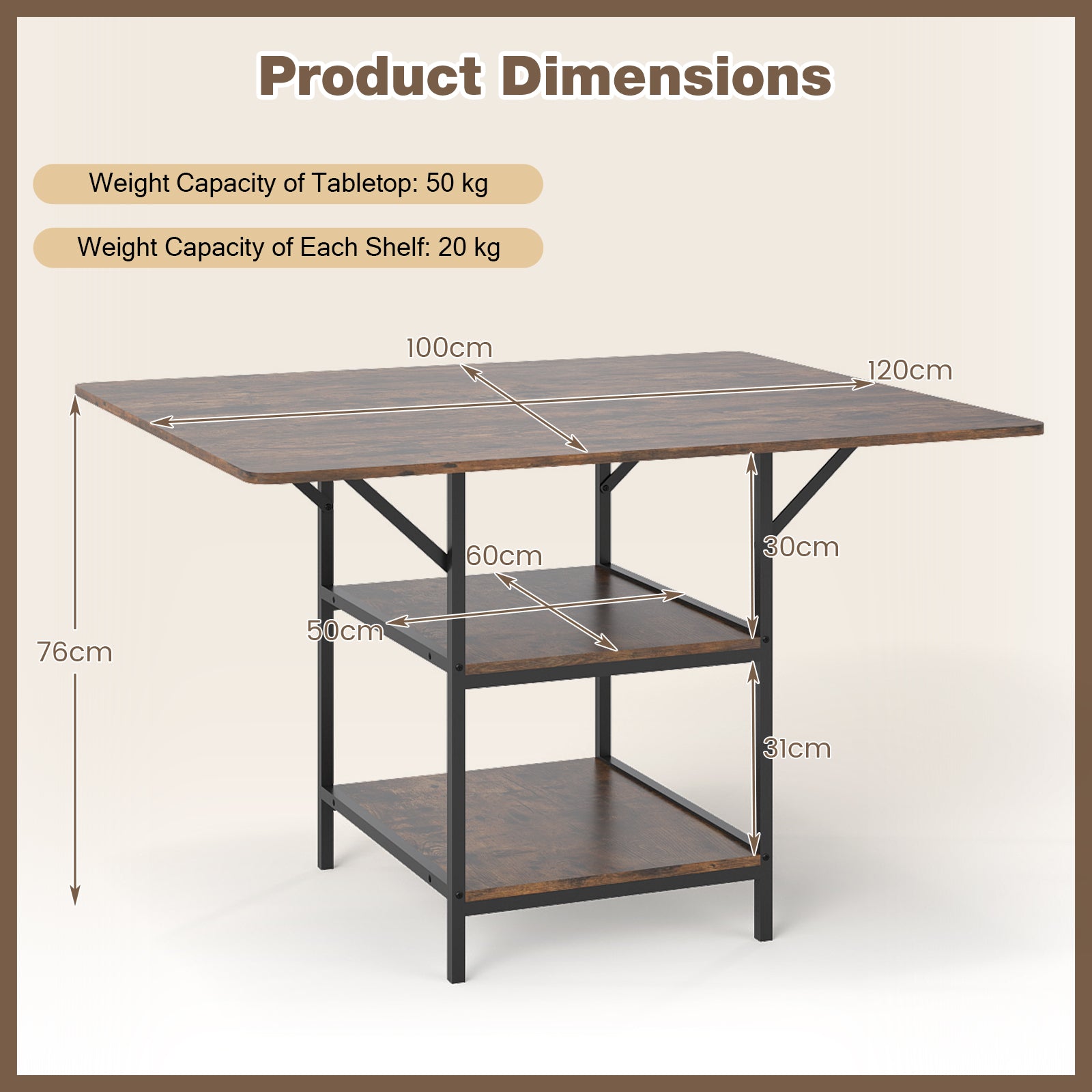 Dining Table for 4-6 Rectangular Dining Table with 2 Open Storage Shelves-Brown